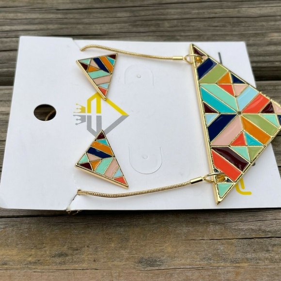 Fruitful Necklaces Gold Tone Geometric Triangle Earring enamel paint Jewelry Set - Picture 2 of 12